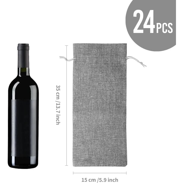 24 st Jute Jute Burlap vinflaska påsar, Grå hessian tyg vinflaska presentpåsar med dragsko, Burlap vin presentpåse (15X35 cm, 750ML vinflaskor)
