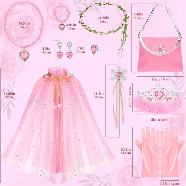 Prinsesse udklædningssæt til piger, 12 dele polyester glitterkappe med diadem, tryllestav, taske, smykker, handsker, alder 3-8 år, lyserød