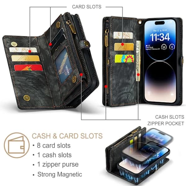 Wallet Case with Magnetic Detachable Shell [8 Card Slots] iPhone 14 Pro Max Wallet Clutch with Wrist Strap (Black)