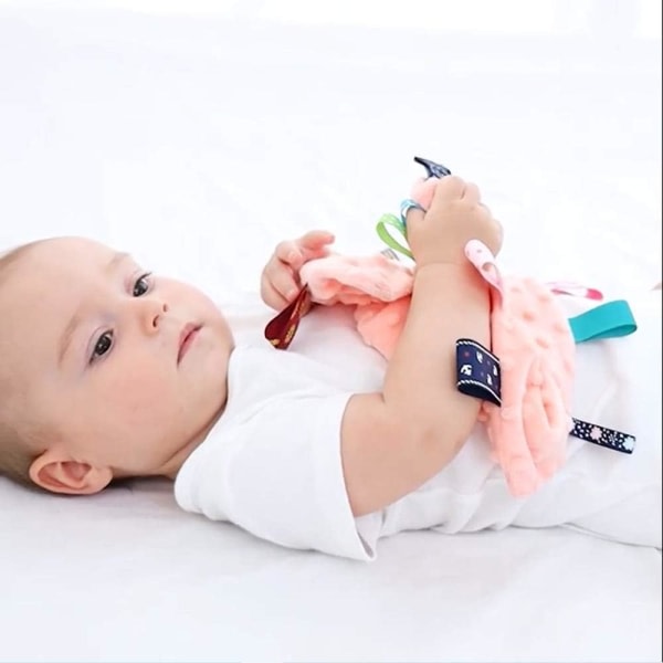 IC Baby Säkerhetsfiltar - Lugnande plyschfilt til baby med farveglada etiketter, 10"X10" fyrkantiga sensoriske leksaker-Orange