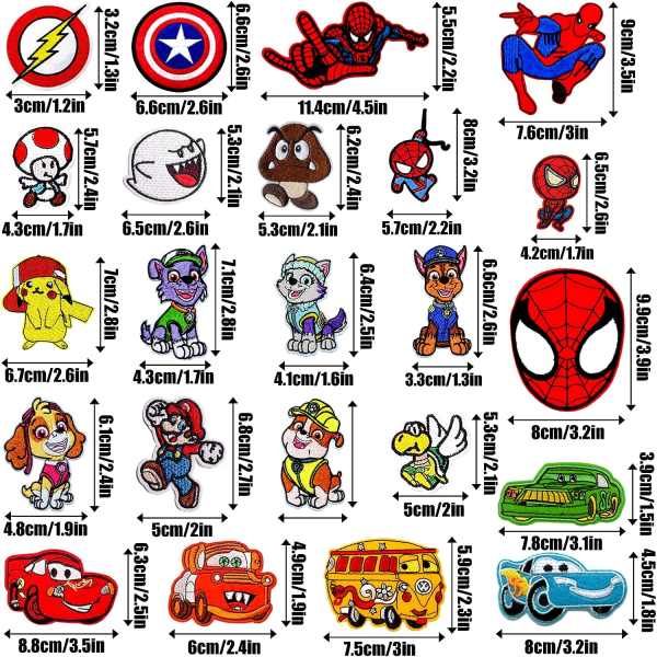 IC-paket med 24 stycken Strykplåster för kläder, Strykplåster för barn Spider Man, Super Mario Sömnadslappar, Knäförstärkning för barn