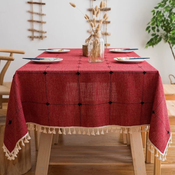 IC Bordduk Broderi Säckväv Kök Matbordsdukar Rustika Bondgårdsdukar för Utomhusfest (Röd, Fyrkantig, 55 x 55 tum)