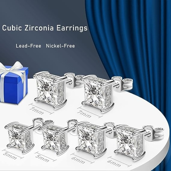 IC 18K Vitguldpläterade Sterling Silver Prinsesslipad Kubisk Zirkonia Örhängen Fyrkantiga Simulerade Diamant CZ Örhängen för Kvinnor Män Allergivänliga