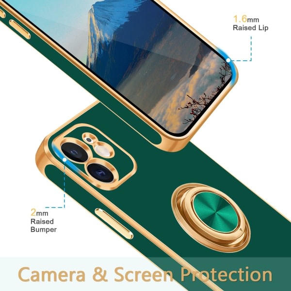 IC iPhone 12- etui, iPhone 12- etui med ringeindstilling, [360° roterbar ringholdere magnetisk støtte], midnattsgrön/guld