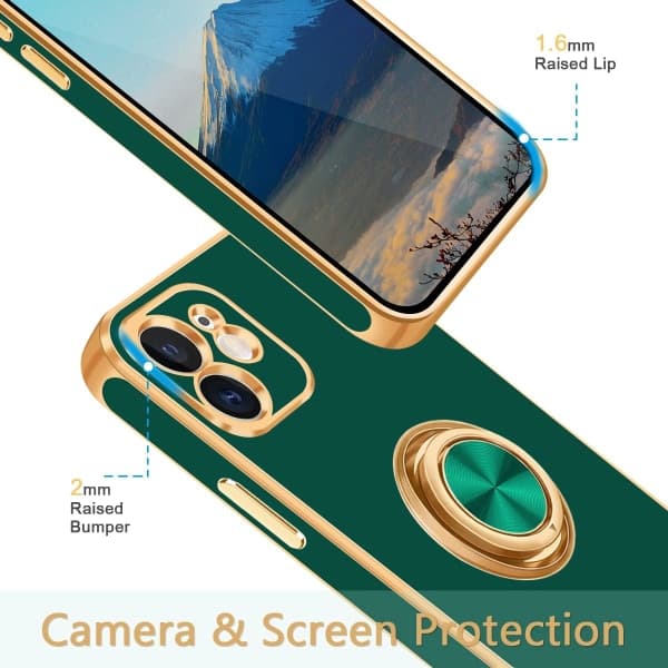 IC iPhone 12-etui, iPhone 12-etui med ringstativ, [360° roterbar ringholder magnetisk støtte], midnattsgrønn/gull
