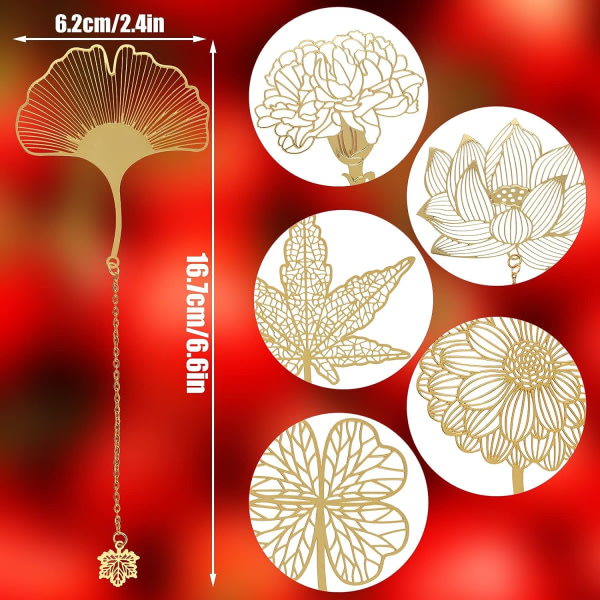 IC 6st gyllene metallbokmärken med kedja, ihåligt bokmärke Utsökt metallblad bokmärke Ginkgo nejlika blomma lönnlöv för bokälskare Läsare Tonåring