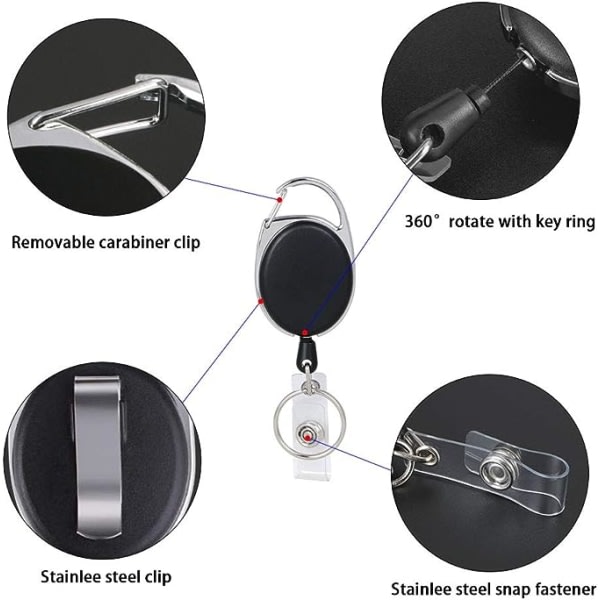6 stk uttrekkbare nøkkelringer, 70 cm lengde med forsterket fjær og sterk snor, for ID-kort med belteklips nøkkelring og cinch ok IC