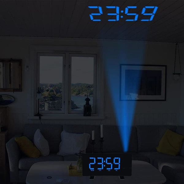 Digital väckarklocka, projektionsväckarklockor för sovrum med 4 dimmer, USB telefonladdare, 180 roterbar projektor