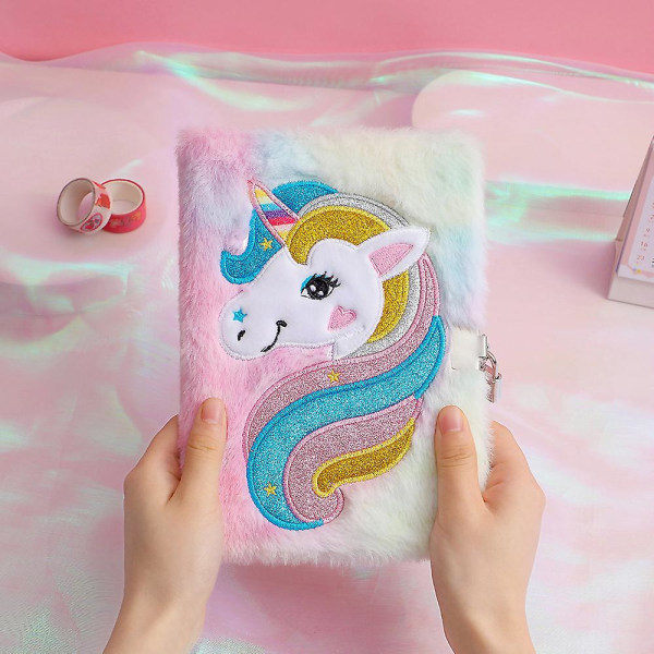 Jentebarns Unicorn Hemmelig Dagbok med Lås og Nøkkel Fuzzy Plush Journal Notebook Julegave