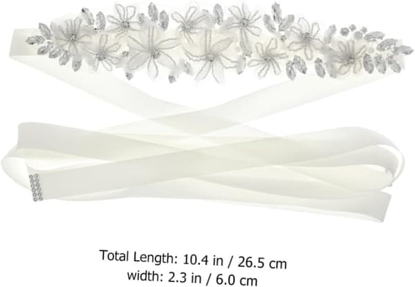 Brudbälte med strass och knytbart satinband, vitt blommigt applikationsbälte för brud, accessoar till bröllopsklänning