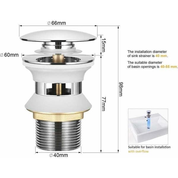 Universal Diskhoavlopp med Överfyllnad Pop-Up Automatisk Tryck Öppna Klick Klack för Badrum 1-1/4\" Krom Mässing, DEBUNS