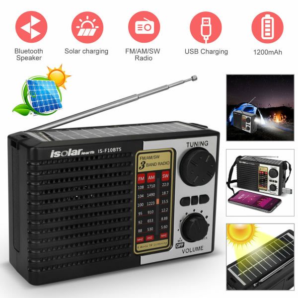 Solar Bärbar FM/AM SW Radio Digital Bluetooth-høyttaler MP3-spiller Opplastingsbar