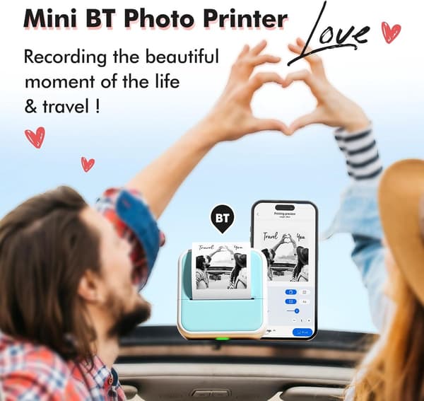 Mini labelprinter, blækfri termisk Bluetooth-fotoprinter med 5 ruller klæbepapir, bærbar lomme-printer til noter, studier og kontor, mintgrøn