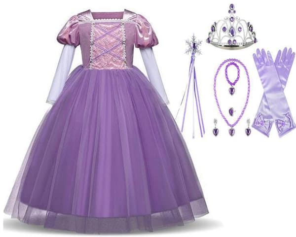 Prinsessa Rapunzel -mekko Tangled-asu + 7 lisävarustetta 150 cm 150 cm one size