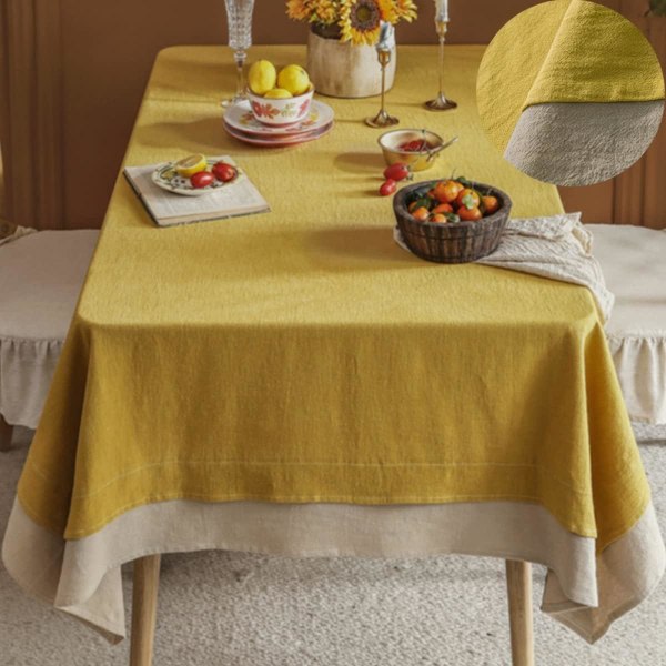Duk i bomullslinne gul 56 x 70 tommer, rektangulær duk gul og beige patchworkduk