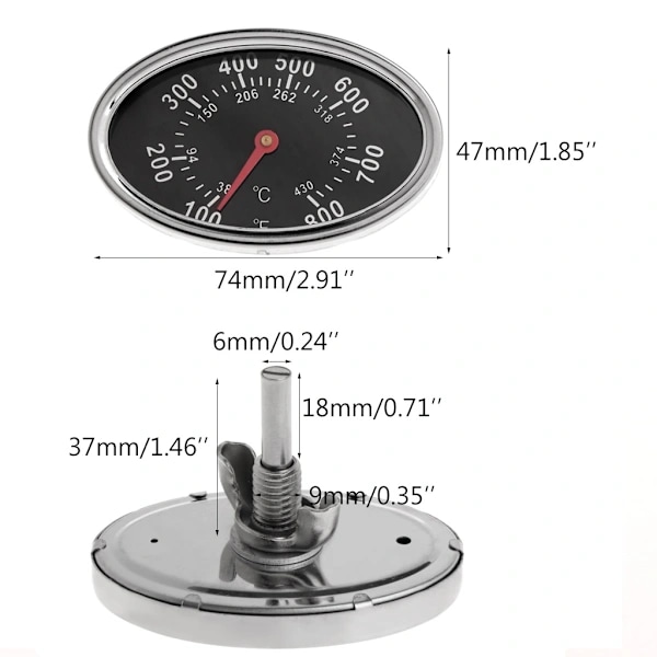 Oval BBQ Termometer Rustfrit Stål Varmeindikator Erstatning til Kulgrill 100 til 800°F Sølv
