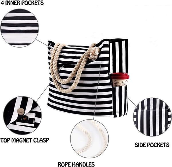 Water-resistant beach bag with large capacity - black and white stripes 55*38*15cm - with two side pockets - beach bag