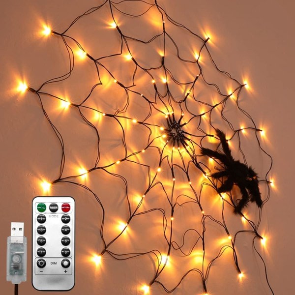 IC Halloween Spider Web Light med plyschspSLINdel, SLINomhSLUS och utomhSLUS skräck Halloween-tema, SLUSB med fjärrkontroll