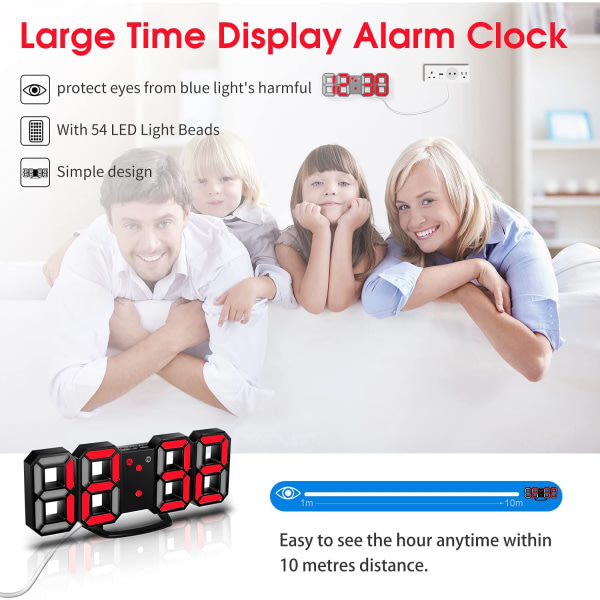 IC 3D LED digital väckarklocka, väggklocka, 3D LED väckarklocka, röd
