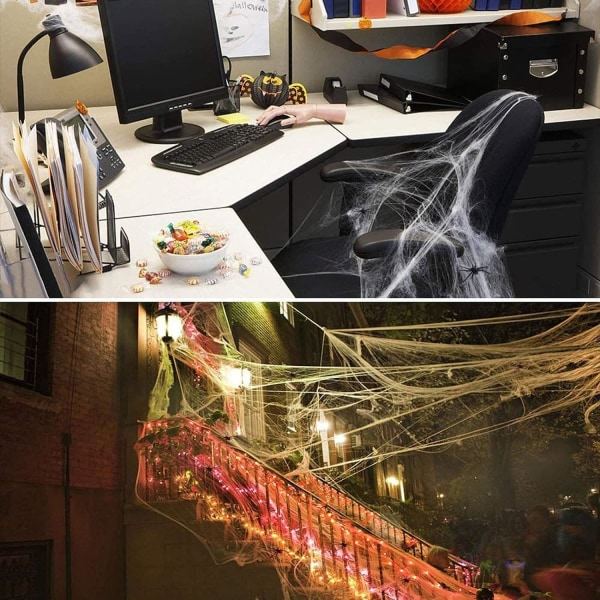 IC Halloween suuret hämähäkkipunkki-koristeet 60 keinotekoisella hämähäkillä, supervenyvät hämähäkkipunkit Luova venyvä DIY-verkko Halloween-juhliin