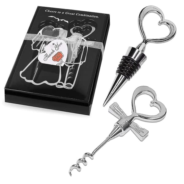 1 par Silver Hjärtformad Vinflasköppnare och Propp Set, Souvenirpresent Set för Bröllopsfest