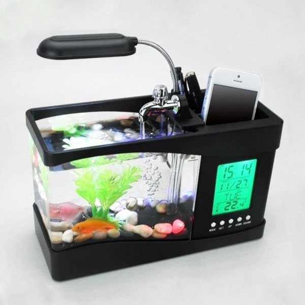 IC Kreativ multifunktionel USB Mini Akvarium Fiskedam LED Lampe Pen Liten Guldfisk Skål Sort