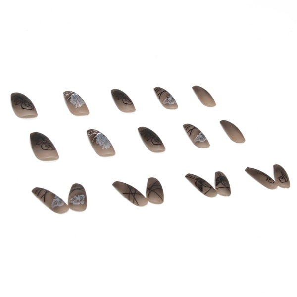 24 st Press on Nails Långa kista falska naglar Svarta lösnaglar med vit fjäril Matt design Akrylnaglar Brun Gradient