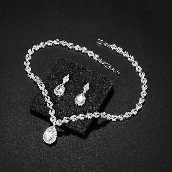 IC Vitguld/guldpläterat Cubic Zirconia CZ Marquise Teardrop Bröllops Tennis Halsband och Örhänge Set för Brudar