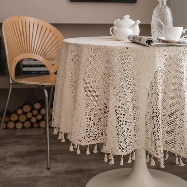 Rund virkad spetsduk 60% bomull i boho-stil med tofsar 150 cm beige bordsduk för matsal bröllopsfest heminredning