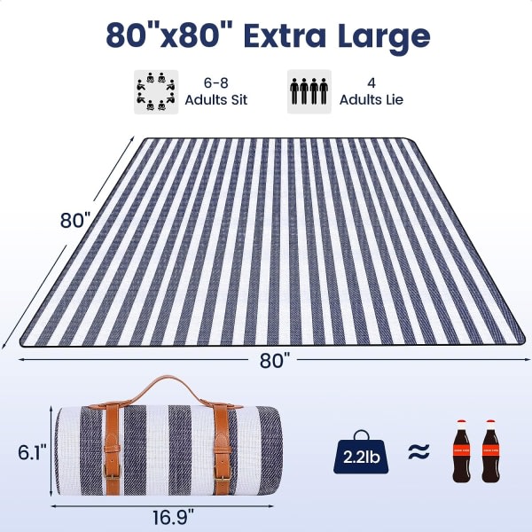 IC 80" x 80" Picknickfilt Extra stor, vattentät och vikbar strandfilt, 3-lagers utomhusfilt för 6 till 8 vuxna
