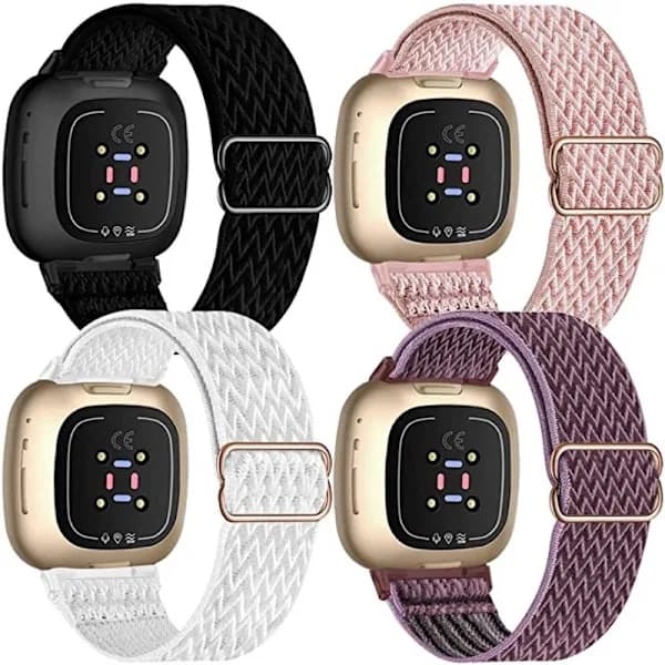 4-pak elastisk nylonbånd kompatibelt med Fitbit Versa 3 / Fitbit Sense, justerbart elastisk sportsarmbånd til smartur (Sort/Rosa/Hvid/S{F2})