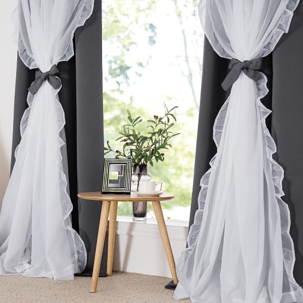 IC Dekorative Vinduebehandlinger Dobbelt Gardin Plisseret Skørtet Landlig Rustik Design, B 132,88 x L 213,36 cm, Grå, 2 stk