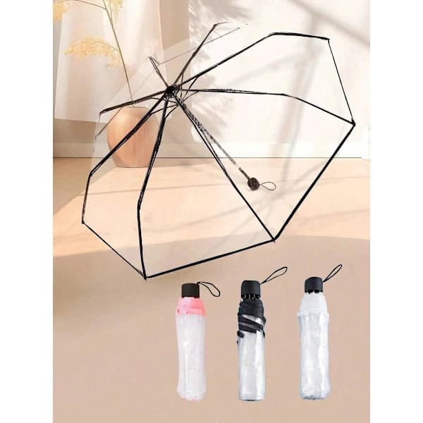 8-Rib Compact Transparent Folding Umbrella, Waterproof and Windproof, Durable Clear white Clear white