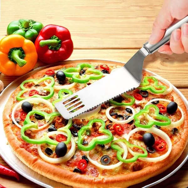 2-delt kake- og paiformsett, serratert spatelkutter i rustfritt stål, for pizza, bakverk, brownies og lasagne, sølv