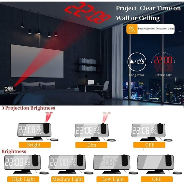 Projektorväckarklocka med radio, digital klocka, dubbelt alarm USB -klockradio och 7 (vita tecken) LED-spegeldisplay