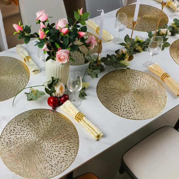 IC Runde Bordstabletter Guld Metallic 2-delt Vinyl Sæt 38,1 cm, Vaskbar Let at Rengøre Tørbar Skridsikker Pletbestandig Varmebestandig Bordunderlag
