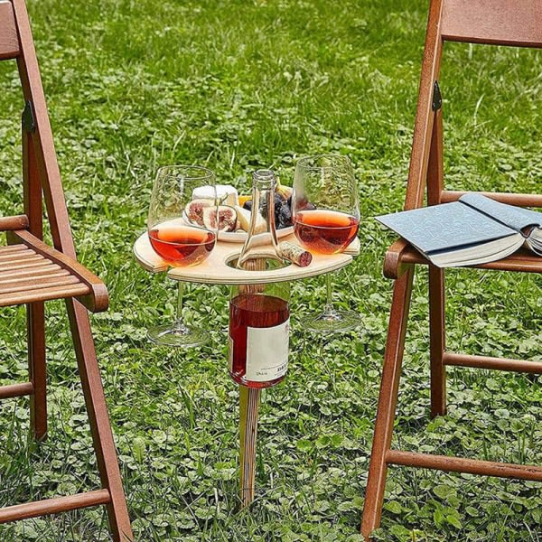 Bærbar udendørs hopfällbar vinglashållare i træstrand picknick pa