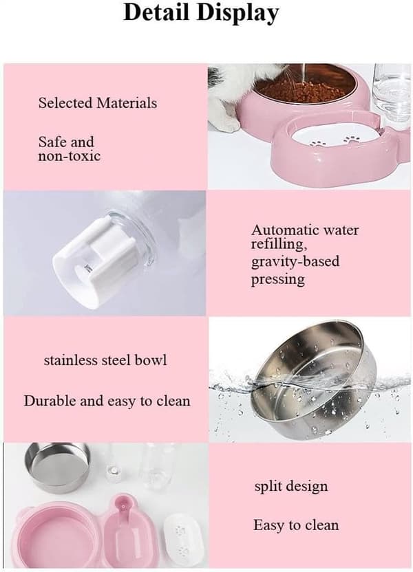 Kæledyrsskålsæt med automatisk vanddispenser, rustfrit stål, anti-tip bjørnedesign til katte, killinger og små hunde, pink, 550ML