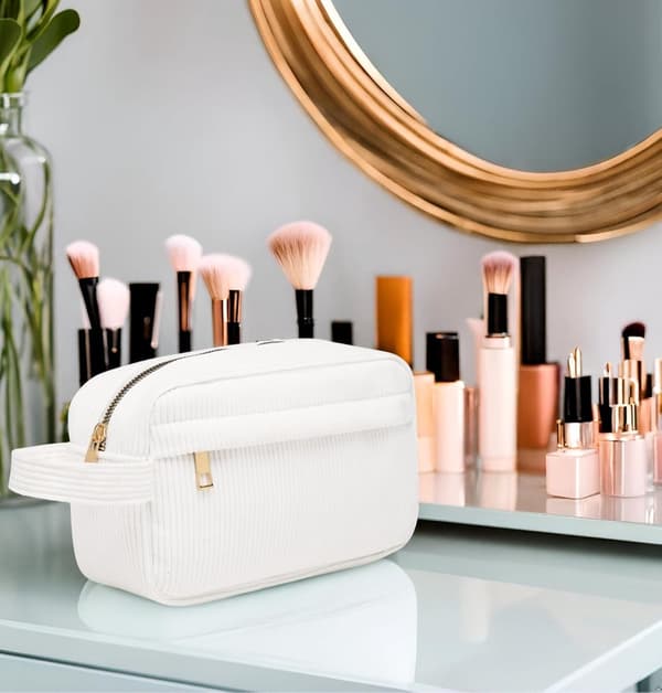 Fløjls Makeuptaske, Topgreb, Lynlåspung, Hvid, Kosmetikbørste Organizer