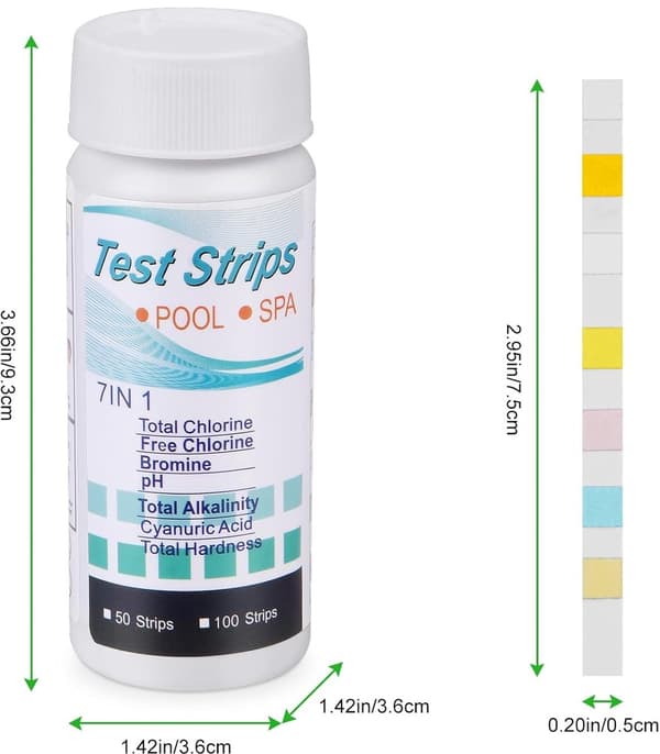 100 teststrimler - 7-i-1 for bassenger og spa - total hardhet, klor, pH, alkalinitet, brom, cyanursyre