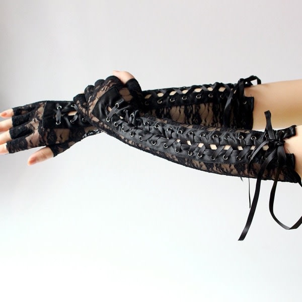 IC Dambandage langa handskar, sexig sort spets lang fingerløs