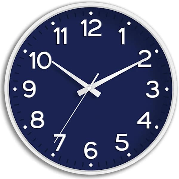 8 tums tyst väggklocka, batteridriven modern analog marinblå