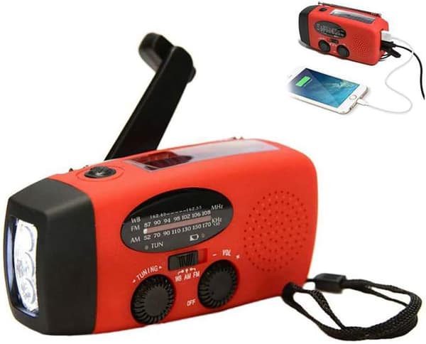 Hätäradio/kampiradio aurinkokennoilla, taskulampulla ja virtapankilla