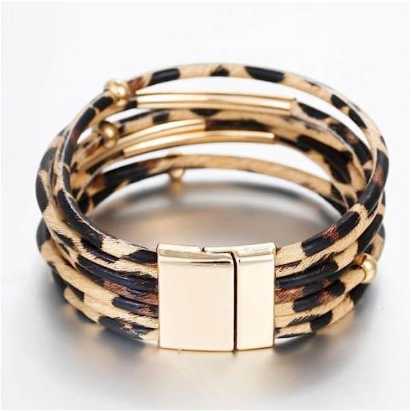 IC Fesciory Lær armbånd for kvinner, Boho Leopard Multi-Layer Krystallperler Mansjettarmbånd Smykker
