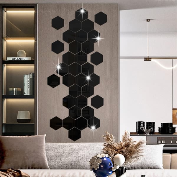 36. 3D-spegel veggdekal Hexagon akryl for hem soveromsinredning svart