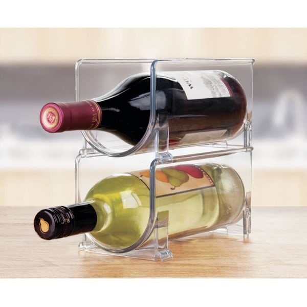 Vinställ (Set om 2) - Stapelbar flaskhållare i plast för vin, läsk eller andra dryckesflaskor - Modernt vinställ för 1 flaska - Transparent