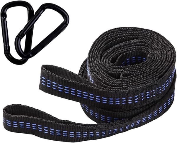 Hängmatsremmar 2-pack, justerbara 2M polyesterträdremmar med karbinhakar och bärväska för camping, gungor, svart och blå