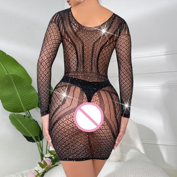 IC Erotisk Sexy Undertøy Bling Rhinestone Fishnet Body Transparent Roserød