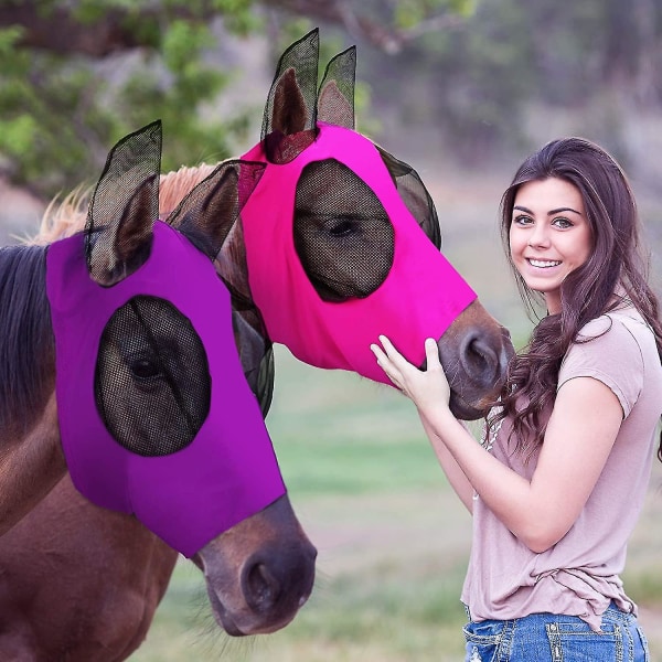 2 delar hästflugmask Hästmask med öron Slät och elastisk flugmask med UV-skydd (lila, rosa)