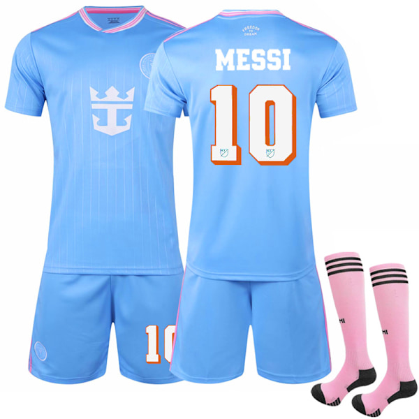 Blå drakt Major League Soccer Club Jersey Ny Miami II Bortedrakt Nr. 10 Messi Fotballdrakt Size 10 Sock Protectors #18